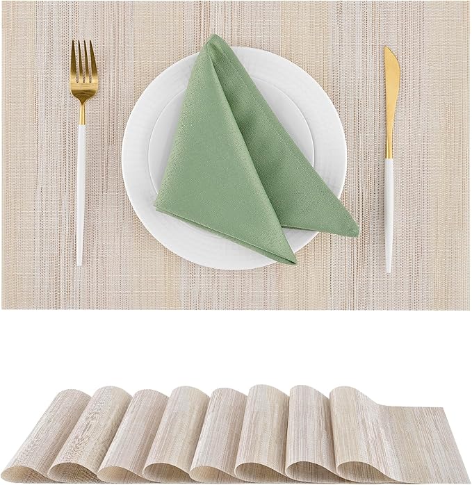 Leetaltree Lightsteel Beige with Yellow Placemats Set of 8 - Heat Resistant Non-Slip Place mats for Dining Table, Washable Durable PVC Vinyl Woven Table Mats (Lightsteel Beige with Yellow, 8)