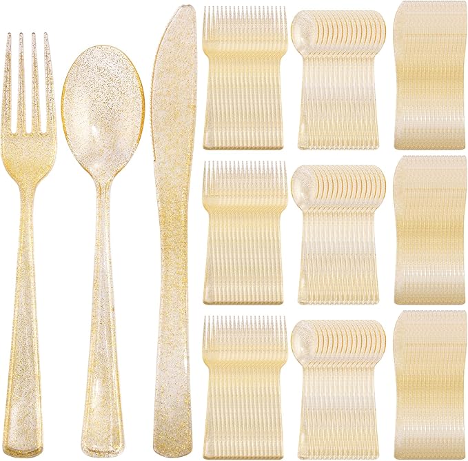 Supernal 300pcs Gold Glitter Plastic Cutlery Disposable Utensils Gold Plastic Silverware Sets Include 100 Forks, 100 Spoons & 100 Knives Serves for 100 Guests Suitable for Party,Thanksgiving