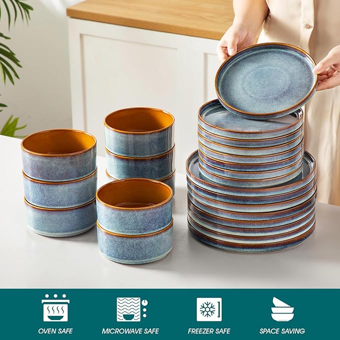 vancasso ONION Ceramic Plates and Bowls Sets, 24 Pieces Blue Dinnerware Sets for Kitchen, Reactive Glaze Dishes Set for 8, Dishwasher and Microwave Safe