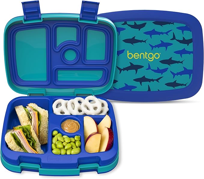 Bentgo Kids Prints Leak-Proof, 5-Compartment Bento-Style Kids Lunch Box - Ideal Portion Sizes for Ages 3-7, Durable, Drop-Proof, Dishwasher Safe, & PFAS & BPA-Free Materials (Sharks)