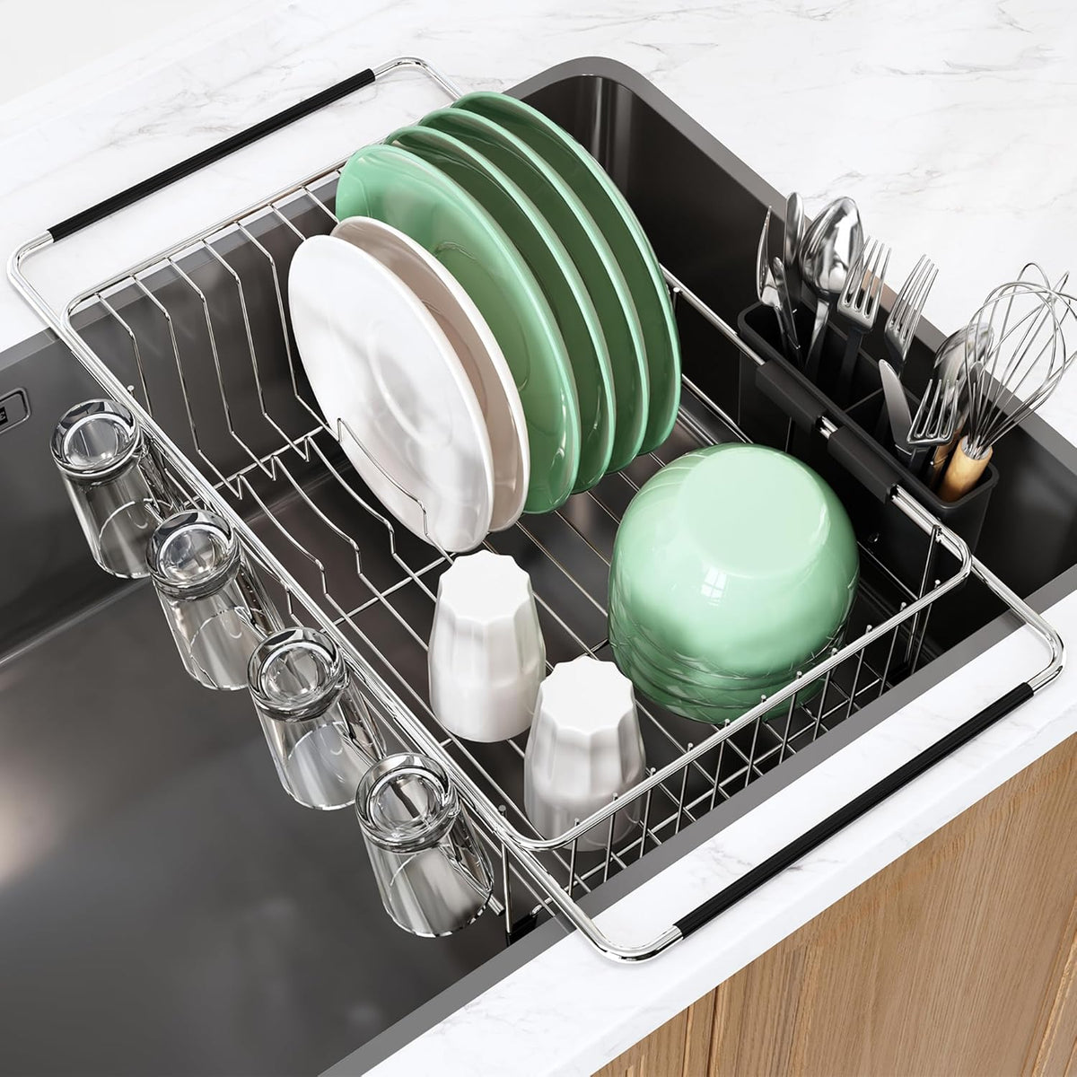 Over the Sink Expandable Dish Drainer Drying Rack In Stainless Steel for Small Kitchen, Counter Space Saving Modern Compact Metal Above Plate Dryer Strainer, Adjustable Hanging Inside Drain Holder