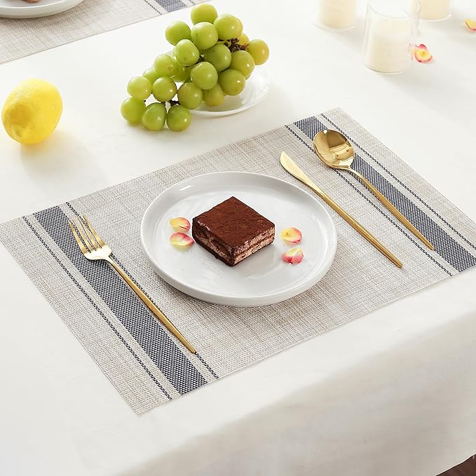 Leetaltree Khaki-Blue Placemats, Heat Resistant Non-Slip Place mats for Dining Table, Washable Durable PVC Vinyl Woven Table Mats (Set of 6)