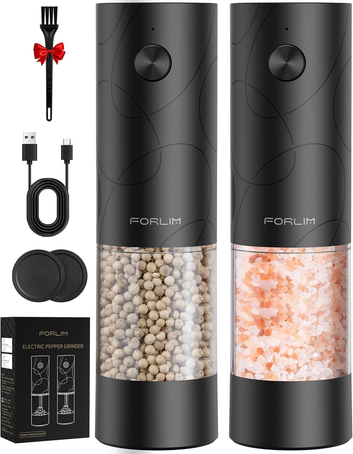 FORLIM Electric Salt and Pepper Grinder Set, USB Rechargeable, Automatic Salt Pepper Mill Grinder with Dust Cover, One-Button Control, Adjustable Coarseness, Warm LED Light (2 Packs, Black)