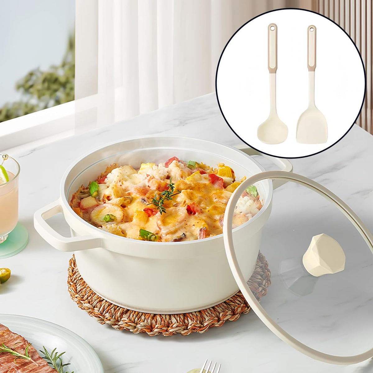 5QT Ceramic Nonstick Dutch Oven Pot with Glass Lid - Nonstick Induction StockPot with Lid Soup Ladle Spatula Healthy Cooking PFAS and PTFE Free