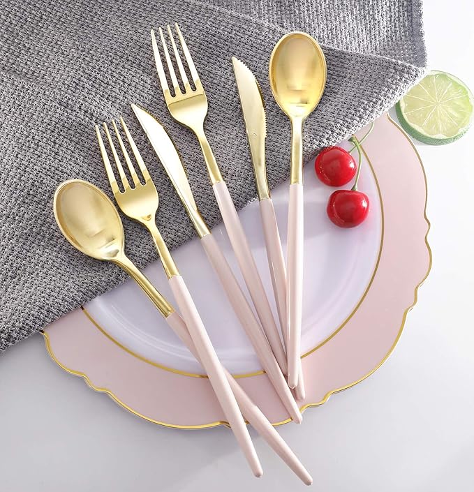I00000 144Pcs Pink Plastic Silverware, Gold Disposable Flatware with Pink Handle, Gold Plastic Cutlery Set Includes: 48 Forks, 48 Knives and 48 Spoons Perfect for Party & Wedding