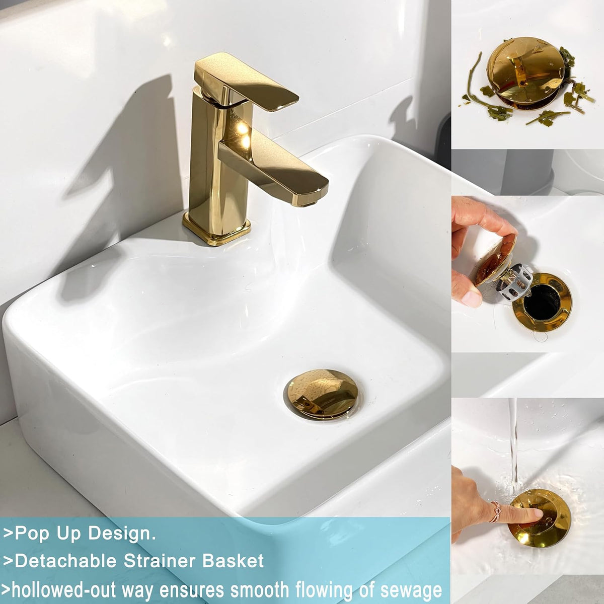 Bathroom Sink Drain, Gold Drain Stopper Bathroom Sink Without Overflow,Pop Up Drain Assembly with Detachable Strainer Basket,Built-in Anti-Clogging Strainer,Stainless Steel