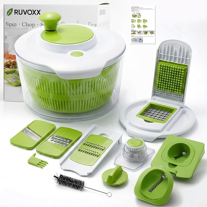 7-in-1 Large Salad Spinner & Vegetable Chopper with Container - Multi-function Lettuce Spinner Fruit Washing Bowl with Strainer, Grater, Slicer, Julienne, Spiralizer, Ribbon Cutter & Dicer