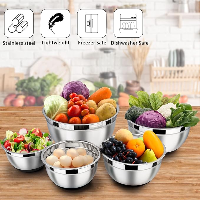 LIANYU Stainless Steel Nesting Mixing Bowls Set of 6 with Airtight Lids, Size 7, 3.5, 2.5, 2, 1.5, 1QT, Large Metal Bowls for Baking Cooking Food Storage, Non-slip Bottom, Black