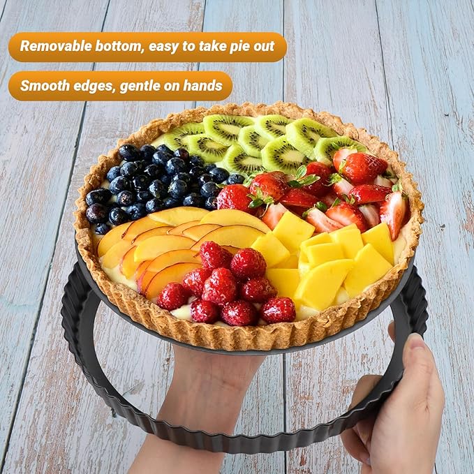 Beasea Tart Pan 10 Inch with Removable Bottom, Non Stick Quiche Pan Pie Shell Fluted Edge Tart Pan, Loose Base Carbon Steel Round Cooking Pan for Baking