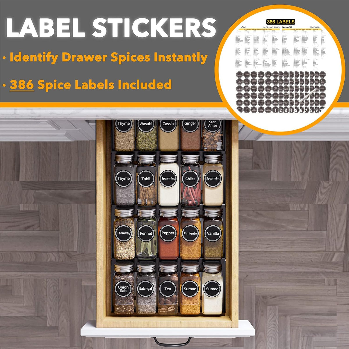 SpaceAid Spice Drawer Organizer with 20 Spice Jars, 386 Spice Labels, 4 Tier Seasoning Rack Tray Insert for Kitchen Drawers, 9-1/2" Wide x 17-1/2" Deep