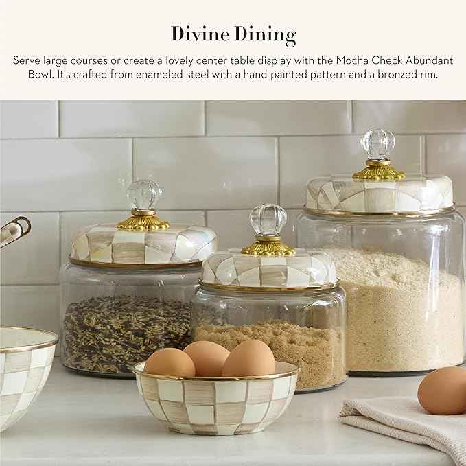 MACKENZIE-CHILDS Enamel Abundant Bowl, Decorative or Serving Bowl, 13-Cup Capacity, Brown-and-White Mocha Check
