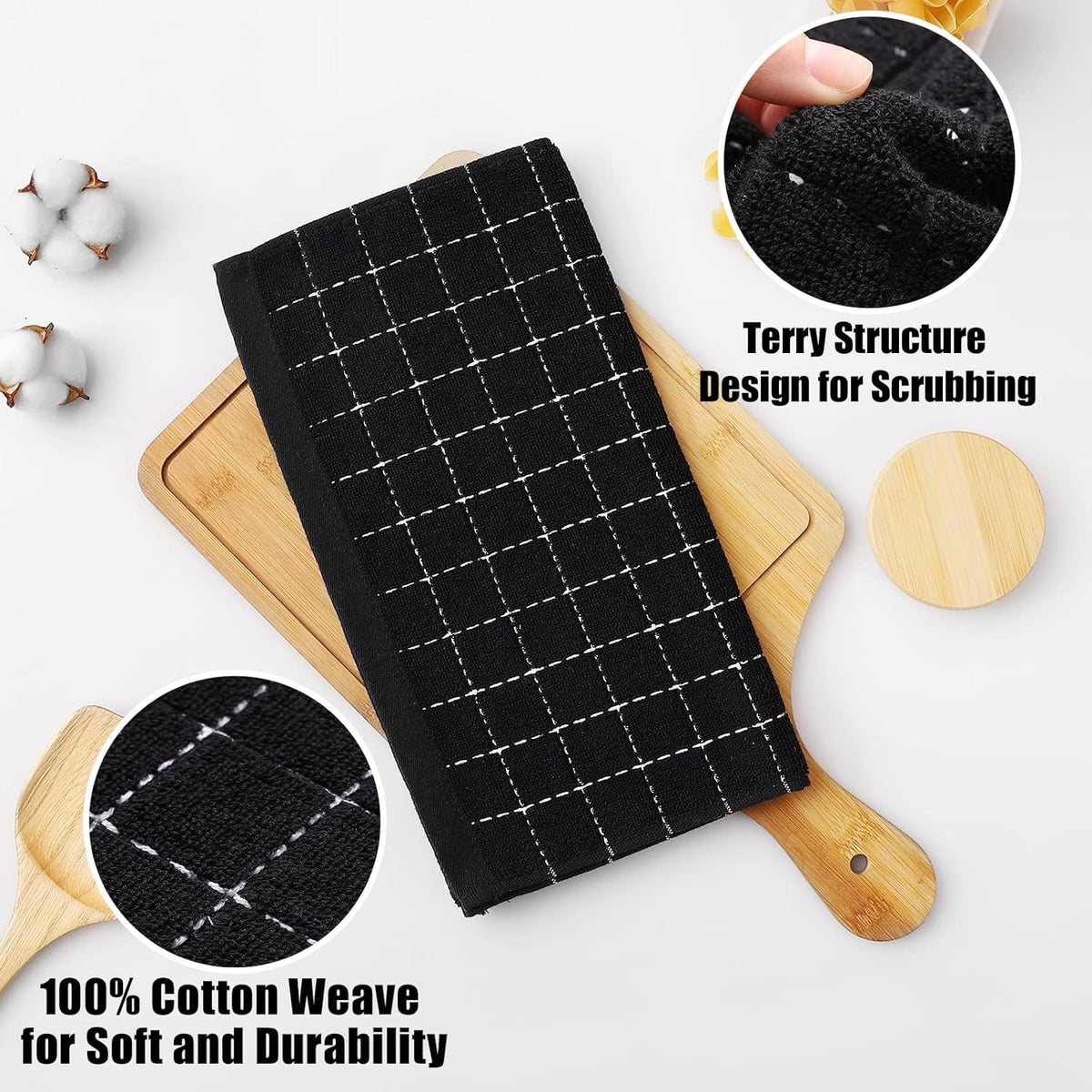 Homaxy 100% Cotton Terry Kitchen Dish Cloths, Ultra Soft and Absorbent Dish Towels for Kitchen, Suitable for Drying and Washing Dishes, 12 Pack, 12 x 12 Inches, Black