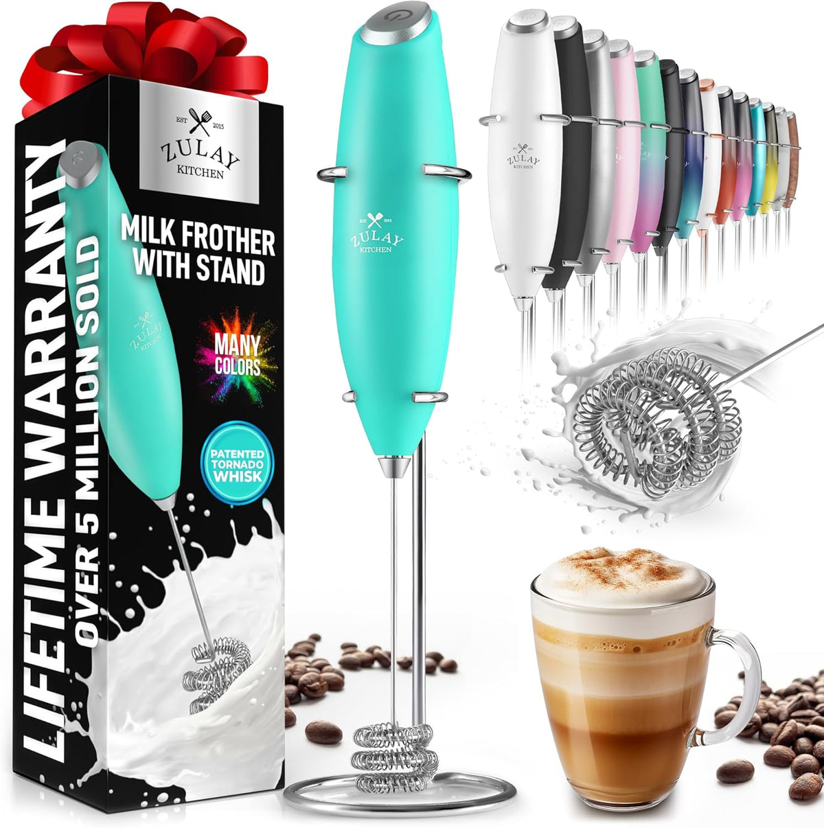 Zulay Kitchen Milk Frother with Patented Tornado Triple Whisk – Handheld Foam Maker for Coffee, Lattes, Matcha & Hot Chocolate – Rich, Creamy Froth in Seconds -