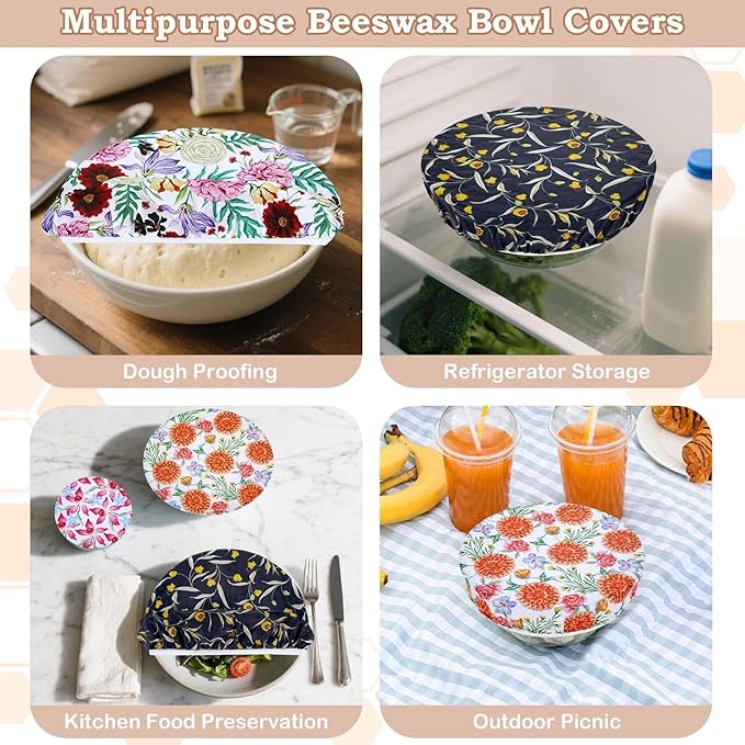 5-Size Reusable Beeswax Bowl Covers for Bread Proofing, Cotton Cloth Flexible Beeswax Wraps for Food Storage(Colorful Floral)