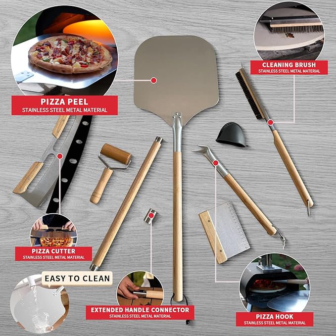 7PCS Pizza Oven Accessories Kit – Premium Pizza Making Tools Set for Home & Outdoor Ovens – Includes Pizza Peel, Oven Brush, Bubble Popper Turner, Rocker Cutter, Dough Roller & Scraper