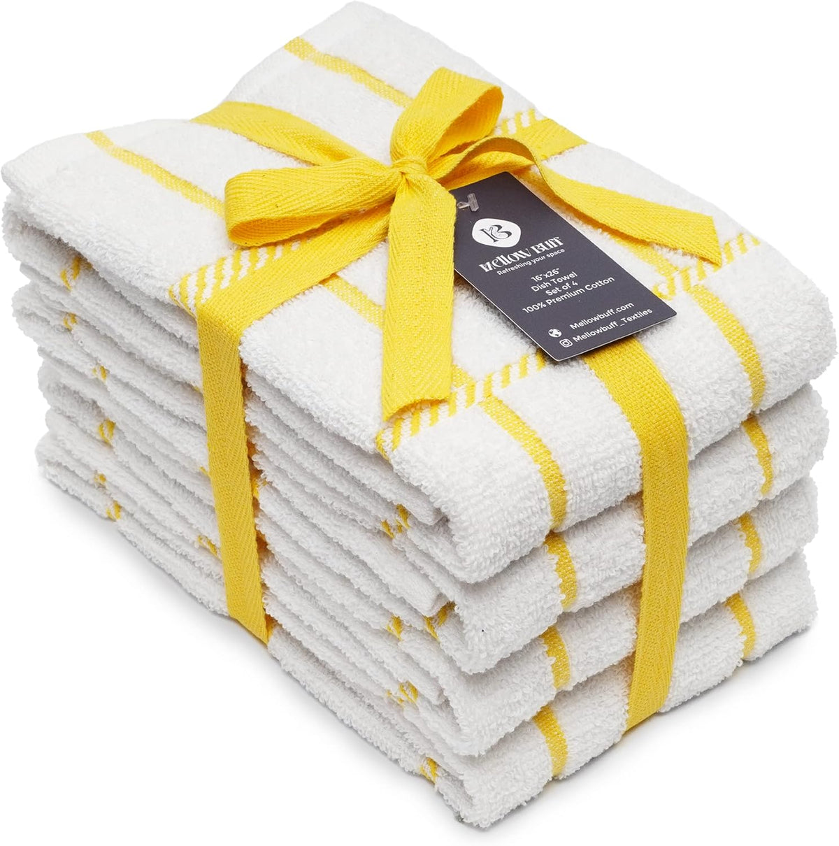 100% Cotton Terry Dish Towels, 4 Pack Checks, 16 x26 Inches, Super Soft and Absorbent Kitchen Towels, Perfect for Kitchen Cleaning and Dish Washing | Yellow