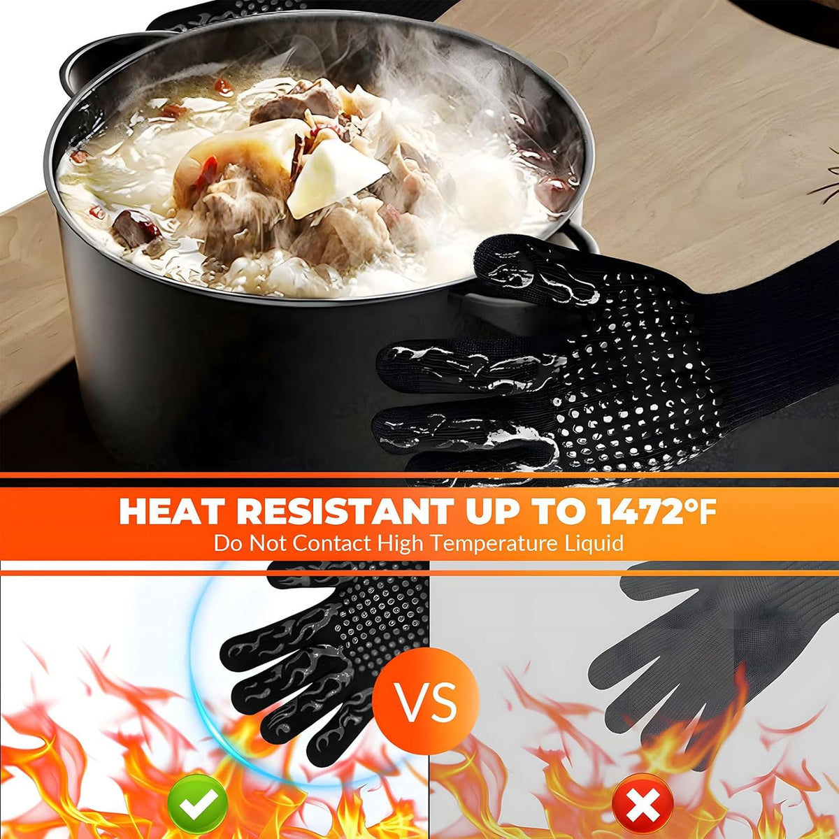 1 Pair Grill Oven Mitts, 1472°F Heat Resistant BBQ Gloves for Cooking, Non-Slip Silicone Oven Gloves, Barbecue Grill Gloves BBQ Mitts (Black-Flame Pattern)