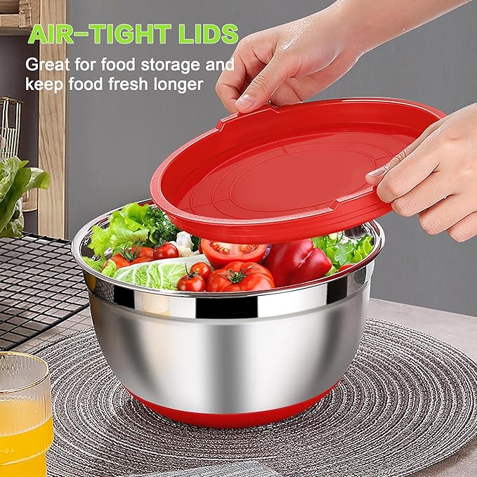 LIANYU Mixing Bowls Set of 6 with Airtight Lids, Size 7, 3.5, 2.5, 2, 1.5, 1QT Large Metal Stainless Steel Nesting Bowls for Cooking, Baking, Food Storage, Non-slip Bottom, Red