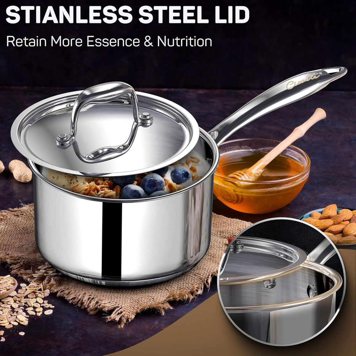 2 Quart Sauce Pan with Lid, Tri Ply Stainless Steel Saucepan 2 Qt with Stainless Steel Lid, 2 Measuring Lines, Upgraded Packaging, Cool Ergonomic Handle, Dishwasher & Oven Safe
