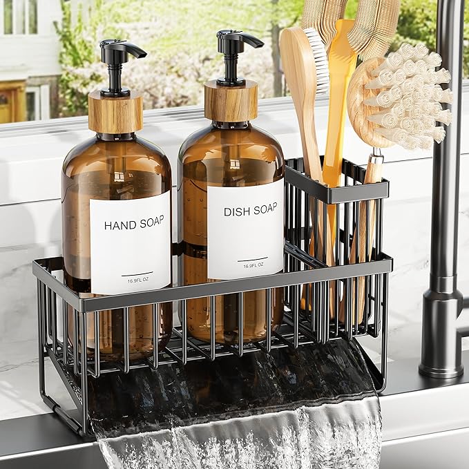 Cisily Kitchen Dish Soap Dispenser Set with 2 Pack 16.9oz Amber Glass Bottle and Sponge Holder, Dish Soap Dispensers with Adjustable Sponge Holder, Vintage Hand and Dish Soap Dispensers Set