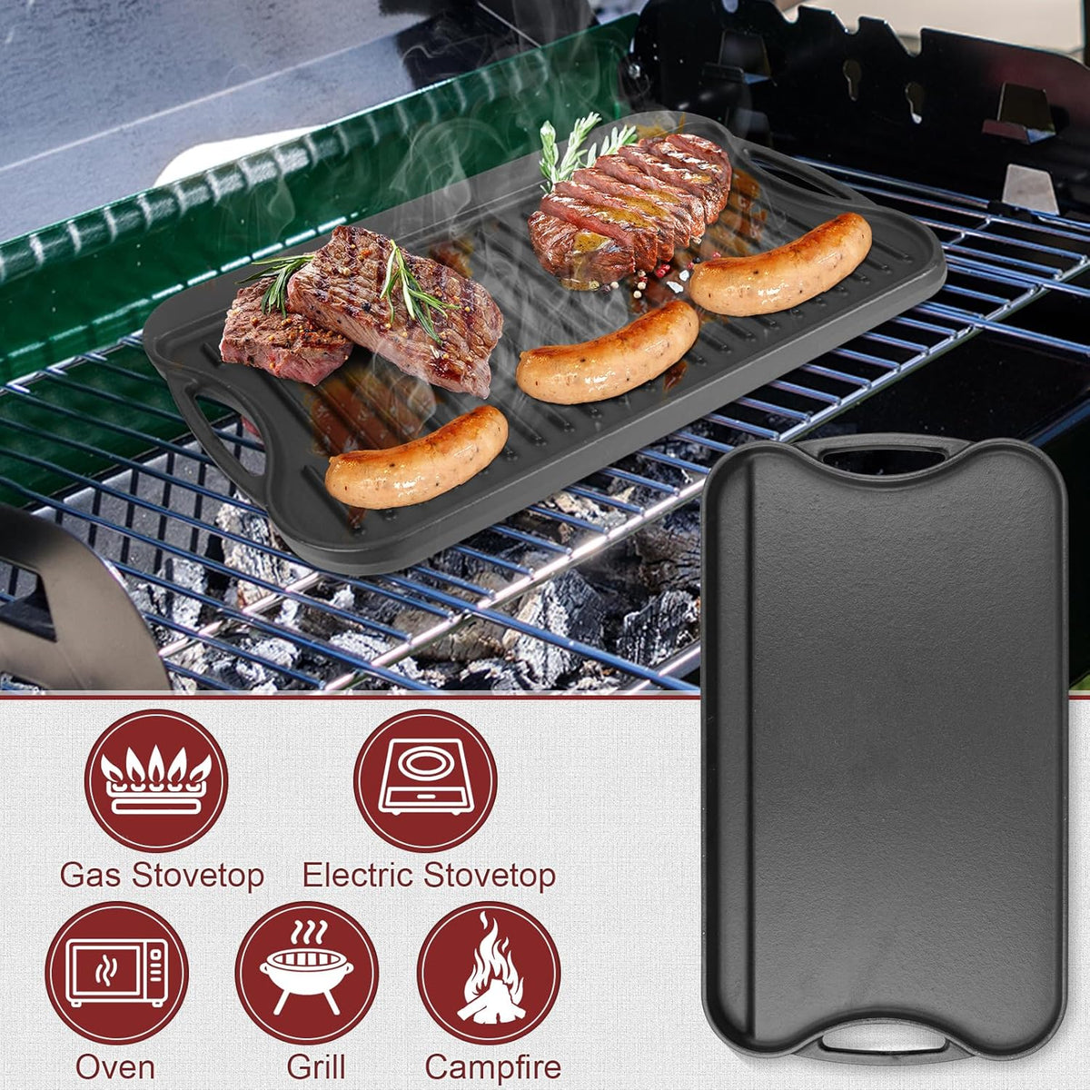 Cast Iron Reversible Grill/Griddle Pan -20"x10.5" Pre-Seasoned Rectangular Double Sided Griddle Plate for Gas Stove, Oven, Camping, Indoor & Outdoor Cooking - Non-Stick, Durable & Versatile