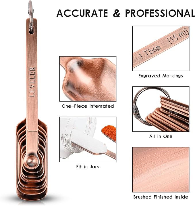 Smithcraft Measuring Cups and Spoons Set, Copper Measuring Cups and Spoons Set for Dry & Liquid, Metric&US 7 Stainless Steel MeasureR Cup&9 Spoon Leveler & Measure Enquivalents for Kitchen & Baking