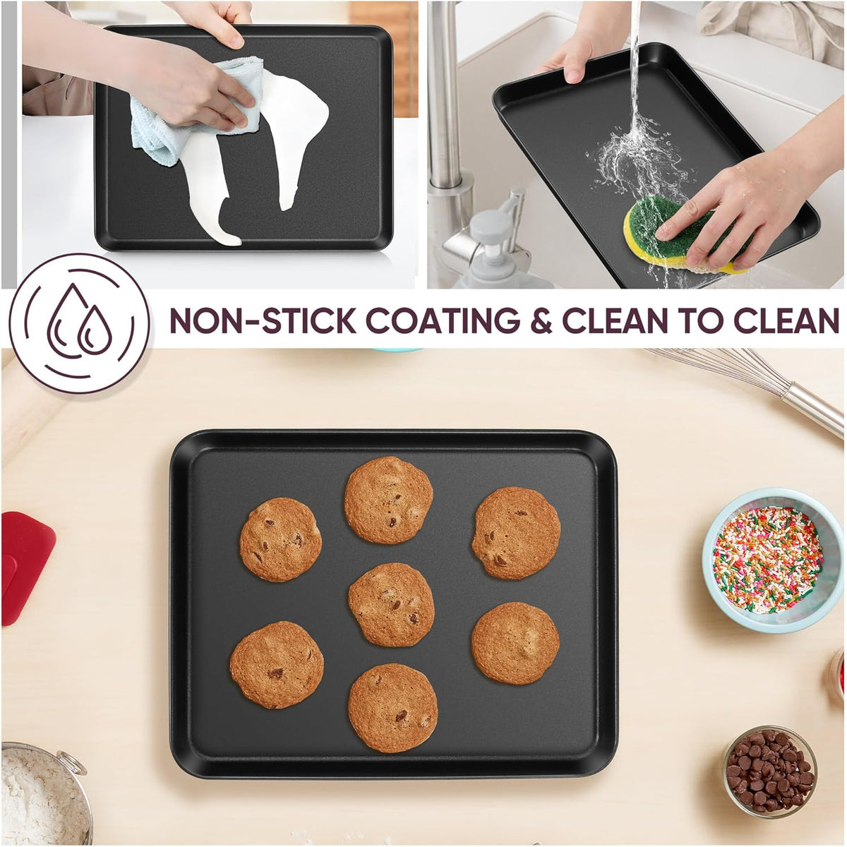 E-far Baking Sheet Set of 2, 12.5" x 9.5" x 1" Cookie Sheet Pan for Baking, Nonstick Carbon Steel Baking Trays for Oven, Heat-Resistant & Easy Clean, Black