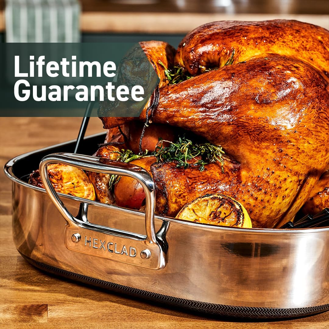 HexClad Hybrid Nonstick Small Roasting Pan with Rack, Dishwasher-Friendly, Oven-Safe Up to 900°F, Compatible with All Cooktops