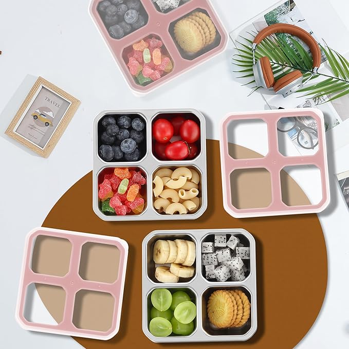 BEFOY 2 Pack Stainless Steel Snack Containers with Lids 4 Compartment Food Storage Containers for Adults Meal Prep Reusable for work or going out.(PINK, 2)