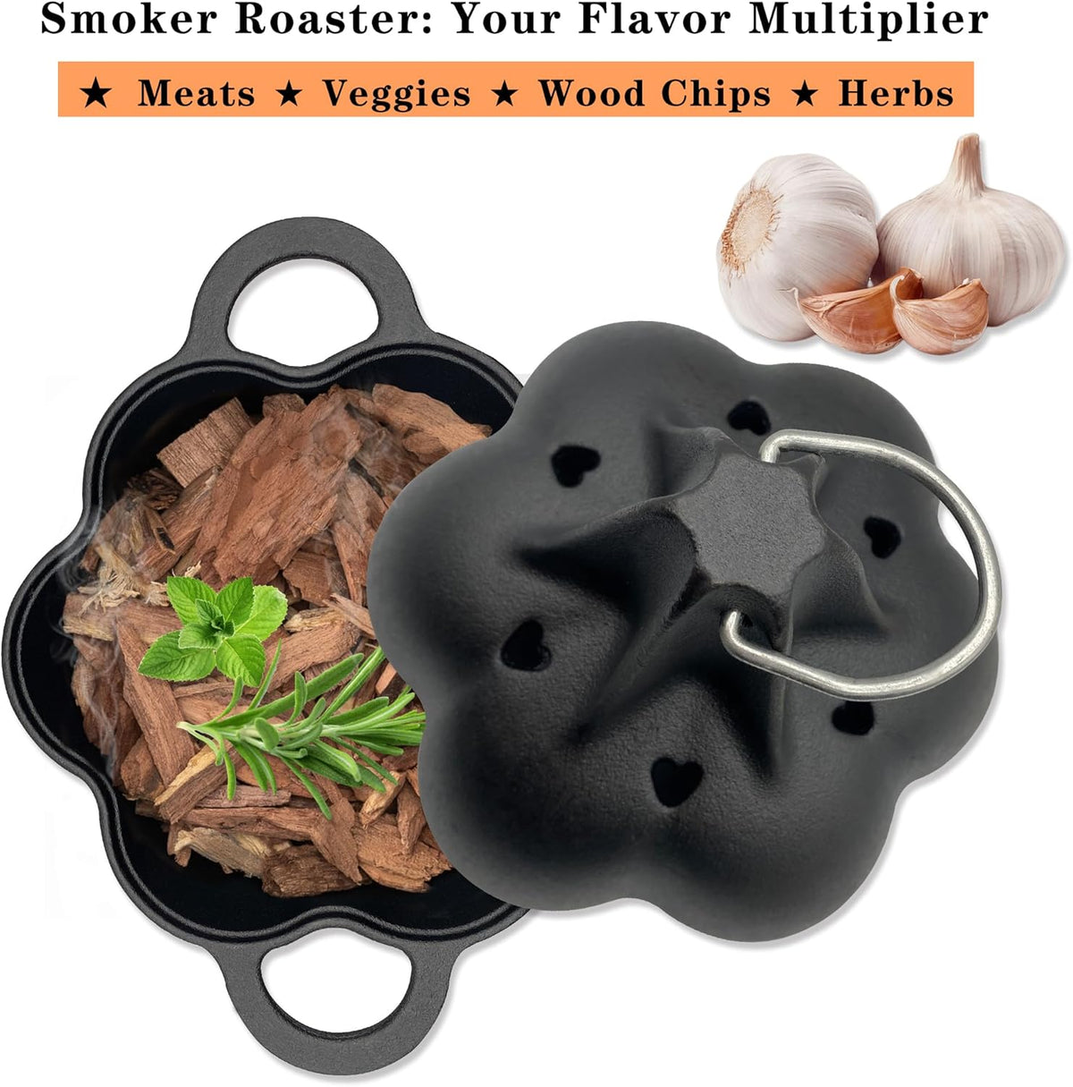 Large Cast Iron Smoker Roaster & Garlic Roster Baker, Smoker Box, Pre-Seasoned Cast Iron Garlic Roaster for Grill, Perfect for BBQ and Oven, for Smoky, Flavorful Vegetables, Meats Wood Chips
