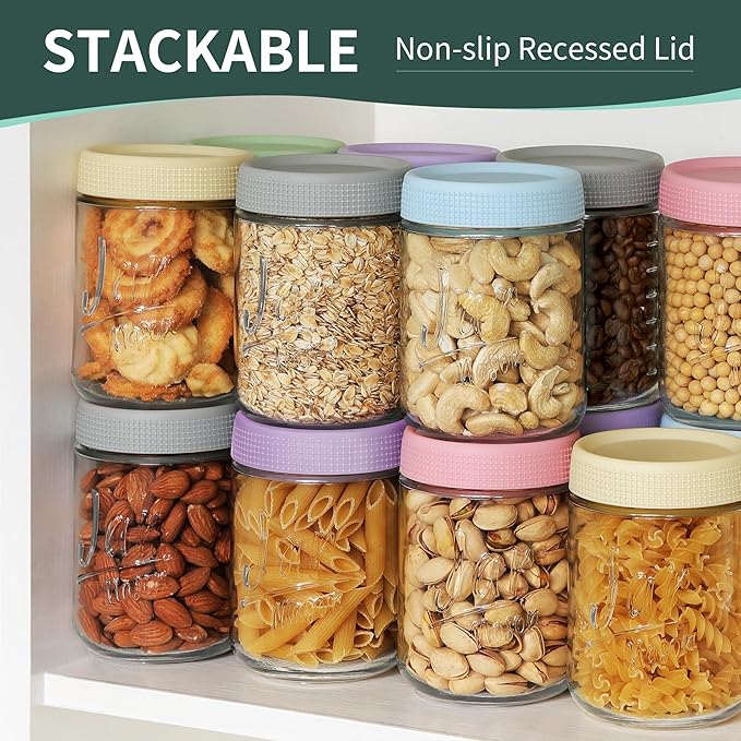 6-Pack 16oz Overnight Oats Containers with Airtight Lids - Glass Mason Jars with Measurement Marks for Yogurt, Meal Prep & Chia Pudding, Stackable & Leakproof