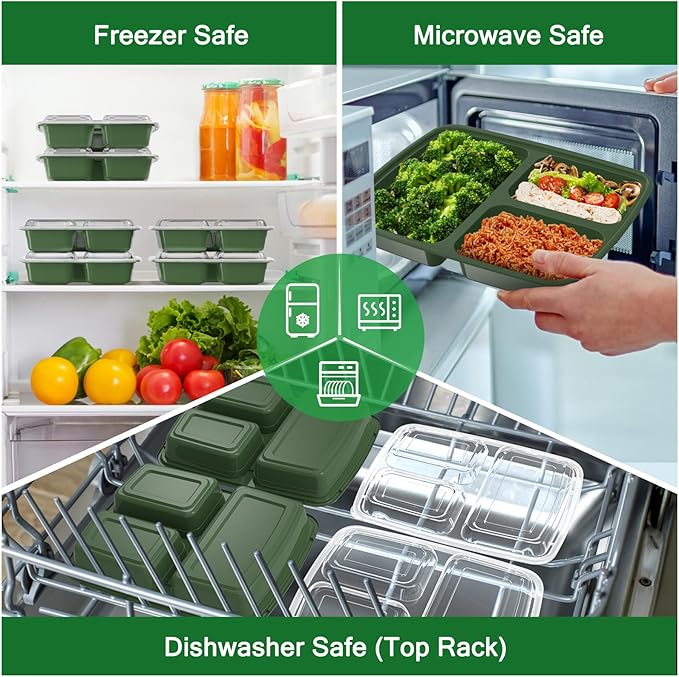 50 Pack (100-Piece) 32 oz Meal Prep Containers Reusable with Lids 3-Compartment, To Go Take Out Plastic Food Storage Containers, Sturdy Leakproof Food Safe, Microwave Freezer Dishwasher Safe, Green
