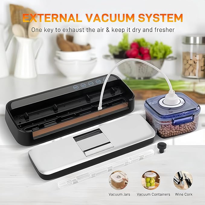 85KPa Vacuum Sealer Machine, One-Touch Automatic Food Sealer with 15 Bags, Dry/Moist/Seal/Manual/External Vac, 7MM Heating wire, Compact Easy-Clean for Food Storage and Sous Vide