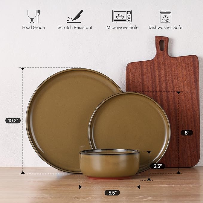 E-far Stoneware Dinnerware Sets for 4, 12 Pieces Reactive Glaze Plates and Bowls Sets, Elegant Dishes with Rustic Terracotta Base, Dishwasher & Microwave Safe, Scratch Resistant, Deep Camel