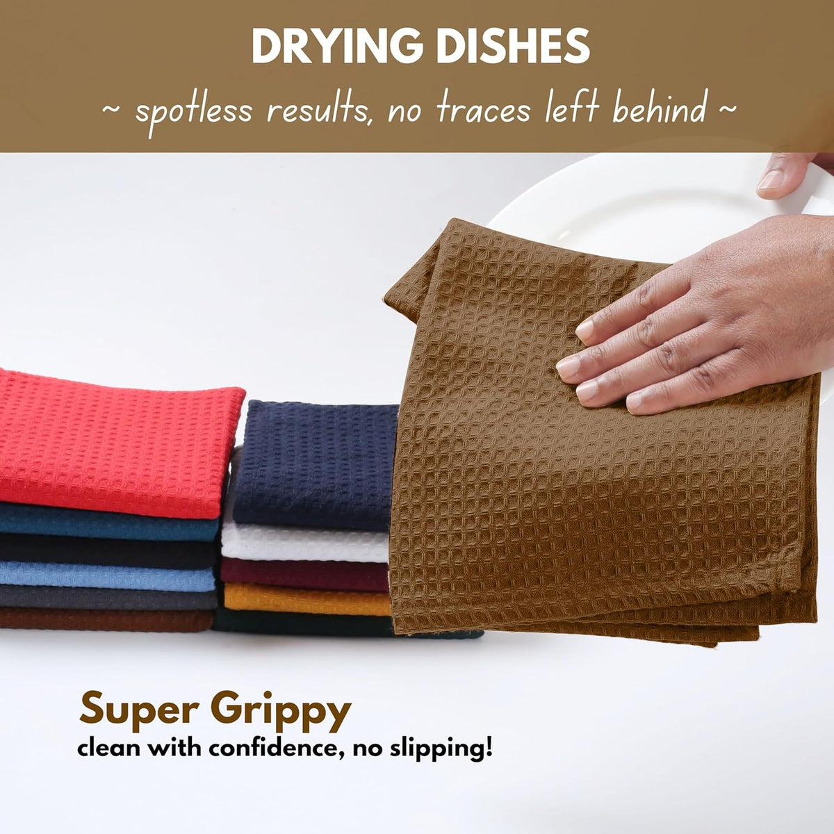 Native Fab Cotton Dish Towel 4 Pack Waffle Weave Tea Towels for Cleaning Drying, 16x26 inches, Soft & Absorbent Washcloths, Kitchen Towel with Hanging Loop, Dish Cloth Set, Brown