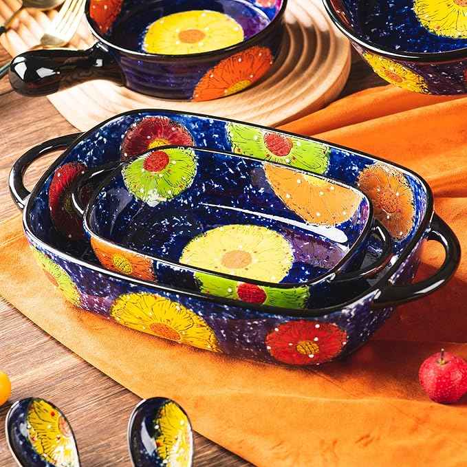 Retro pastoral style Ceramic Baking Dish Rectangular Bakeware Set Baking Pan, 2-piece Hand-painted Porcelain Baking pan with handle, Casserole Dish for Oven/Cooking/Kitchen (Van Impression)