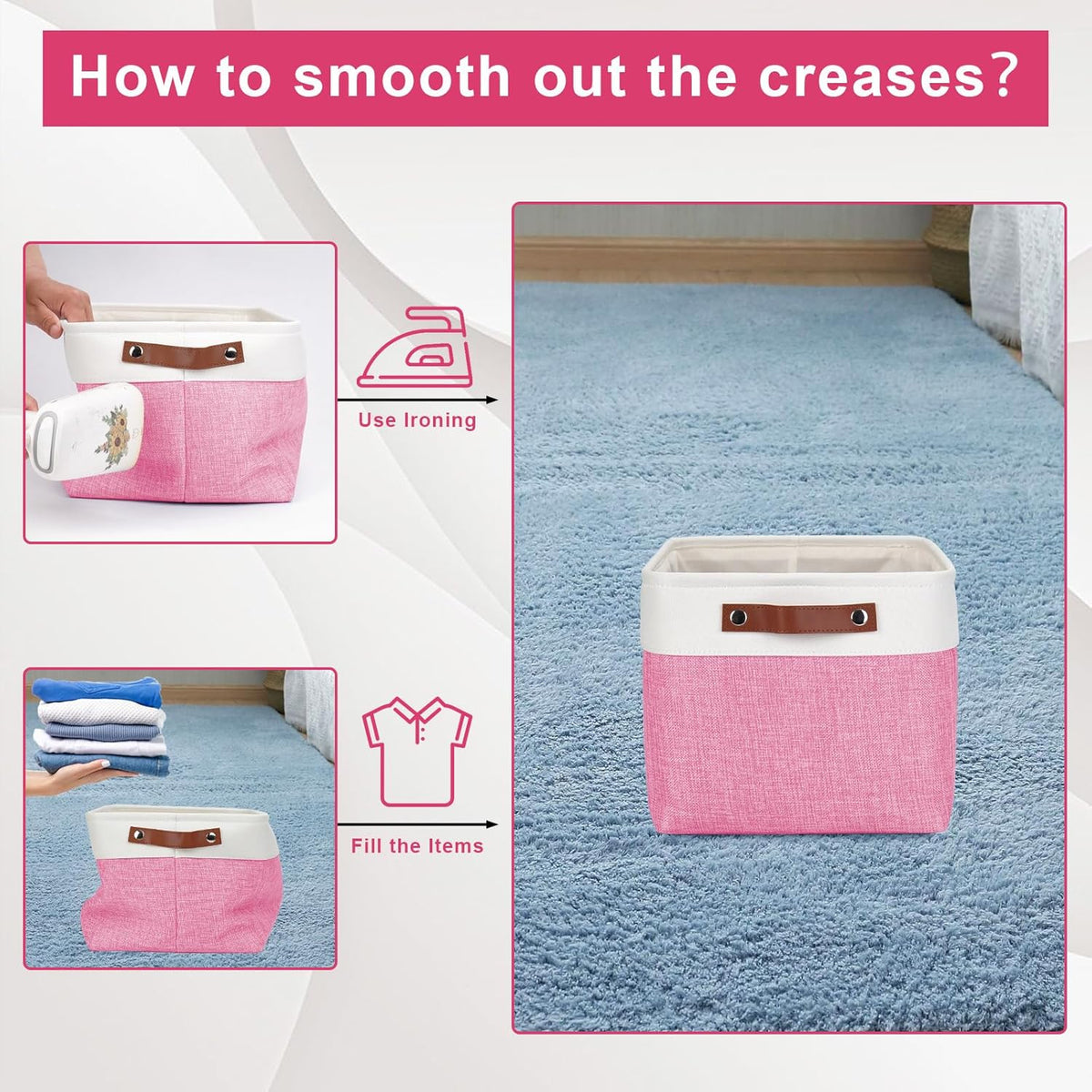 Storage Bins Large Fabric Storage Baskets for Shelves 3 Pack, Decorative Linen Closet Baskets with Handles for Organizing, Shelf, Clothes, Home, Office, 15x11x9.5Inches (Pink&White)