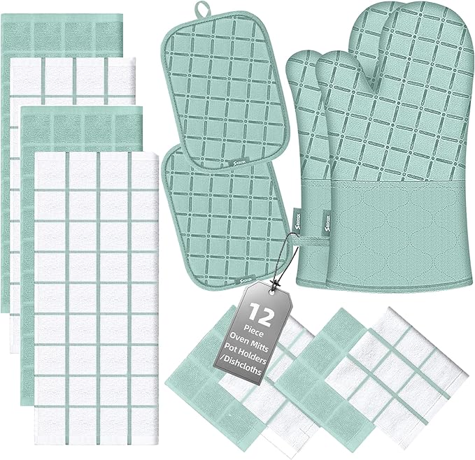 Oven Mitts Pot Holders Sets/Kitchen Towels and Dishcloths, Oven Gloves Kitchen Dish Towels 500 Degree Heat Resistant Potholders with Non-Slip Silicone Surface for Cooking, Grilling, Baking-Mint Green