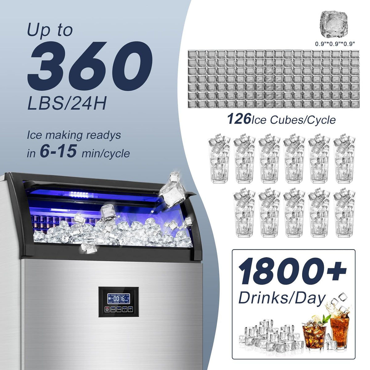 350 Lbs/24H Commercial Ice Maker – 80 Lbs Storage Bin, 126 Ice Cubes Per Cycle – Stainless Steel Undercounter/Freestanding Design, Perfect for Home, Bar, and Outdoor Use, Self-Cleaning Function