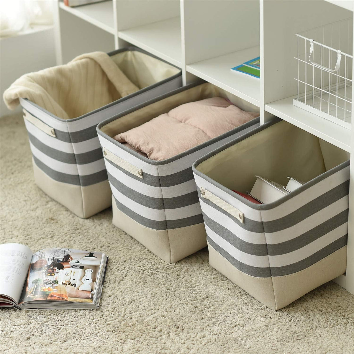 TheWarmHome Extra Large Cube Storage Bins Baskets for Organizing, Sturdy Fabric Storage Basket Cube W/Handles, Decorative Foldable Storage Baskets for Shelves Closet Nursery Toy (3 Pack 16×12×12inch)
