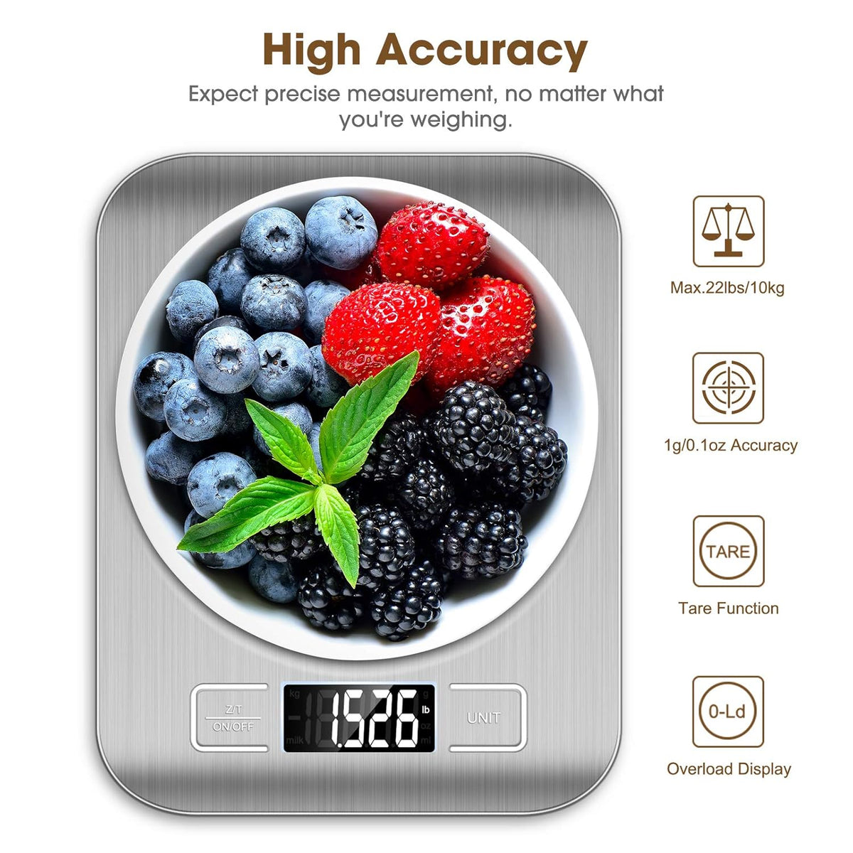 Mik-Nana Food Scale, 22lb Digital Kitchen Scale Weight Grams and Oz for Baking and Cooking, 1g/0.1oz Precise Graduation, Easy Clean Stainless Steel