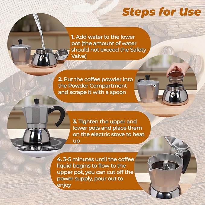 No Coating 6 Cup Aluminum and Stainless Steel Moka Pot Stovetop Espresso Maker Italian Coffee Machine 350ml 11.84oz Suitable for Gas Induction Stovetop Greca Coffee Maker Percolator Silver