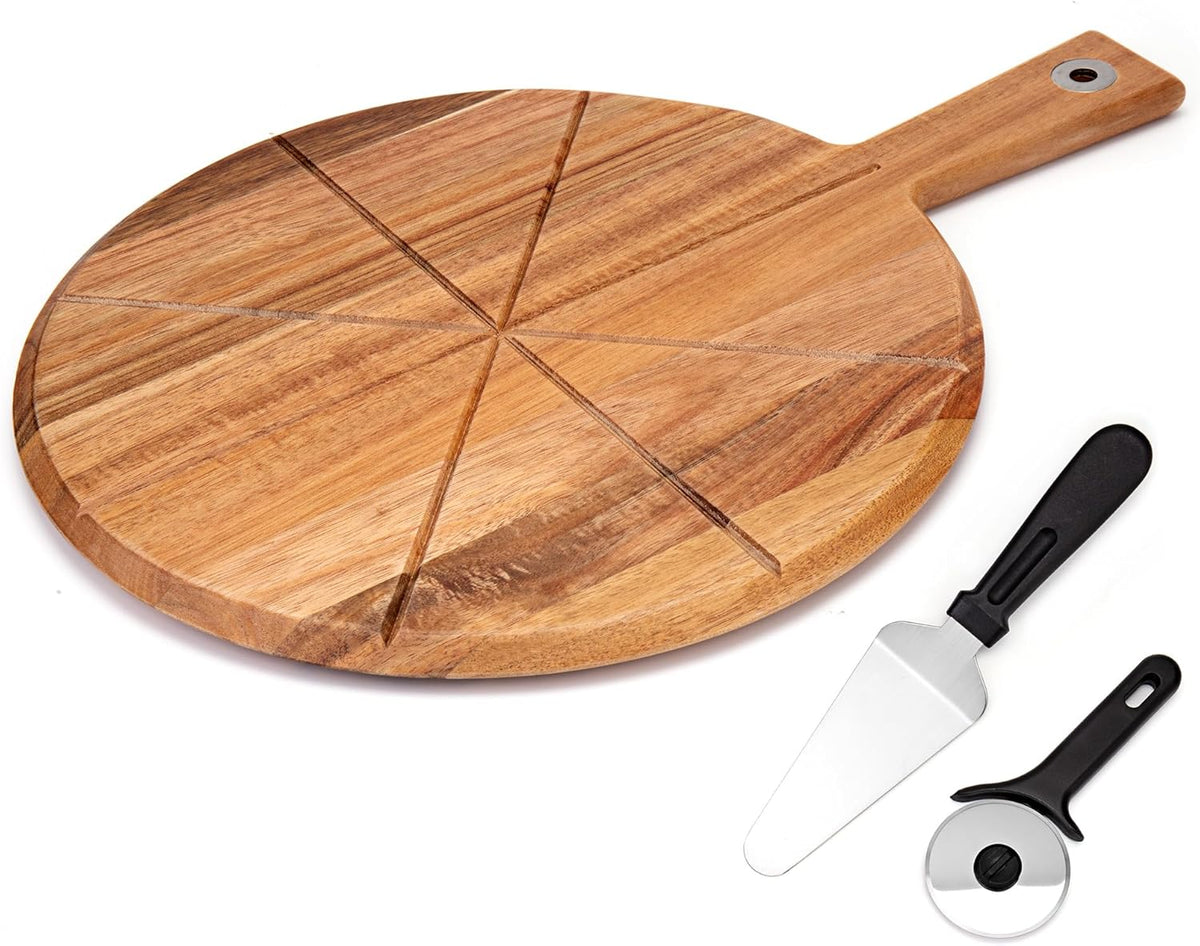 Acacia Wood Pizza Peel, 12 inch Pizza Cutting Board Set with Pizza Cutter and Server, Wooden Pizza Paddle Pizza Chopping Board with Handle for Homemade Pizza, Baking, Cutting Vegetable, Cheese