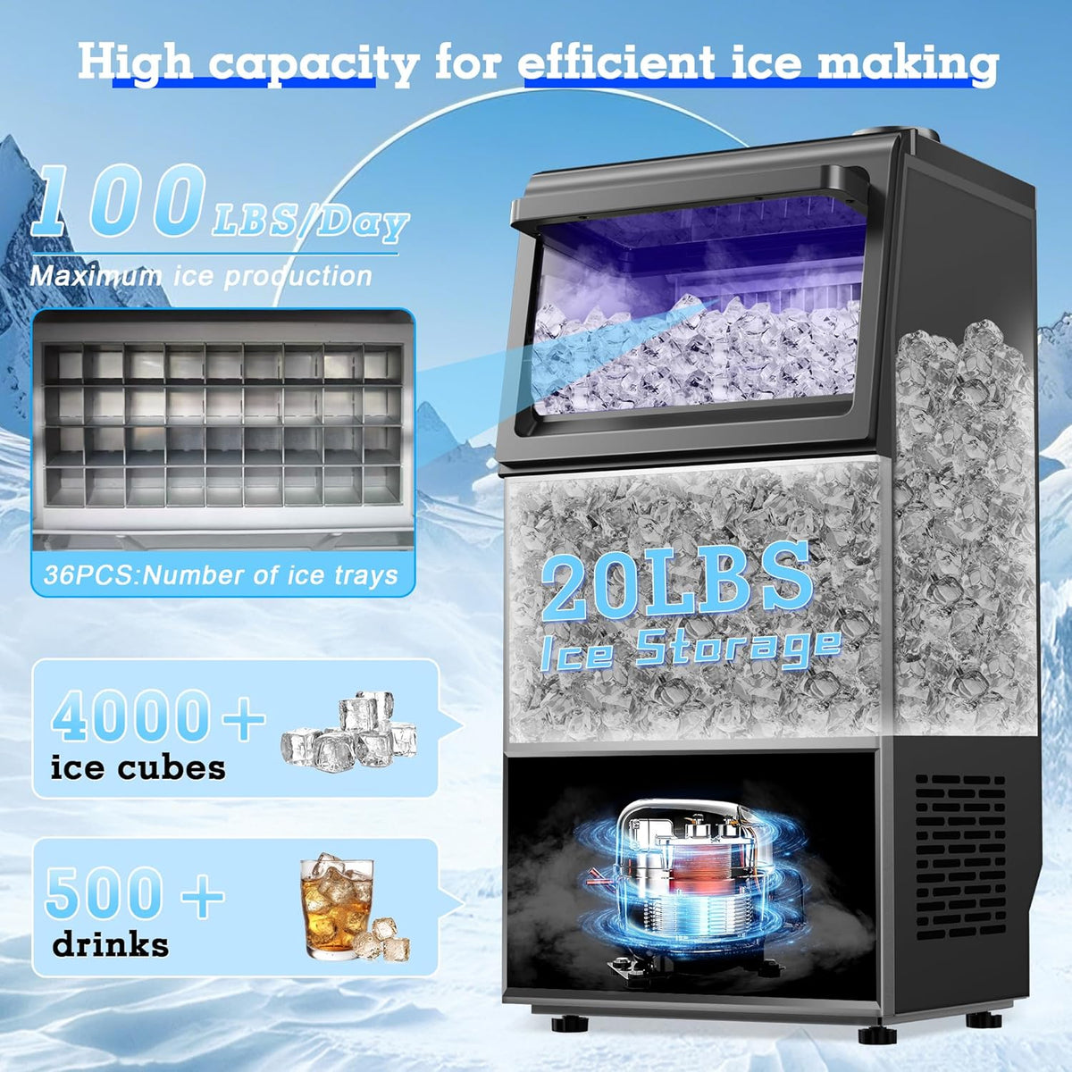 Commercial Ice Maker Machine 100LBS/24H with 20LBS Ice Storage, Stainless Steel Freestanding/Undercounter Ice Machine 36Pcs Ice with Two Water Inlet Modes Self-Cleaning for Homes Restaurants Bars