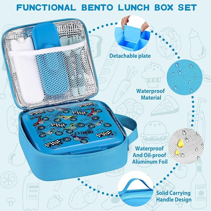 Bento Lunch Box for Kids With 8oz Soup thermo,Leak-proof Lunch Containers with 5 Compartment,thermo Food Jar and Lunch Bag, Food Containers for School (A-Blue(Extreme Locomotive))