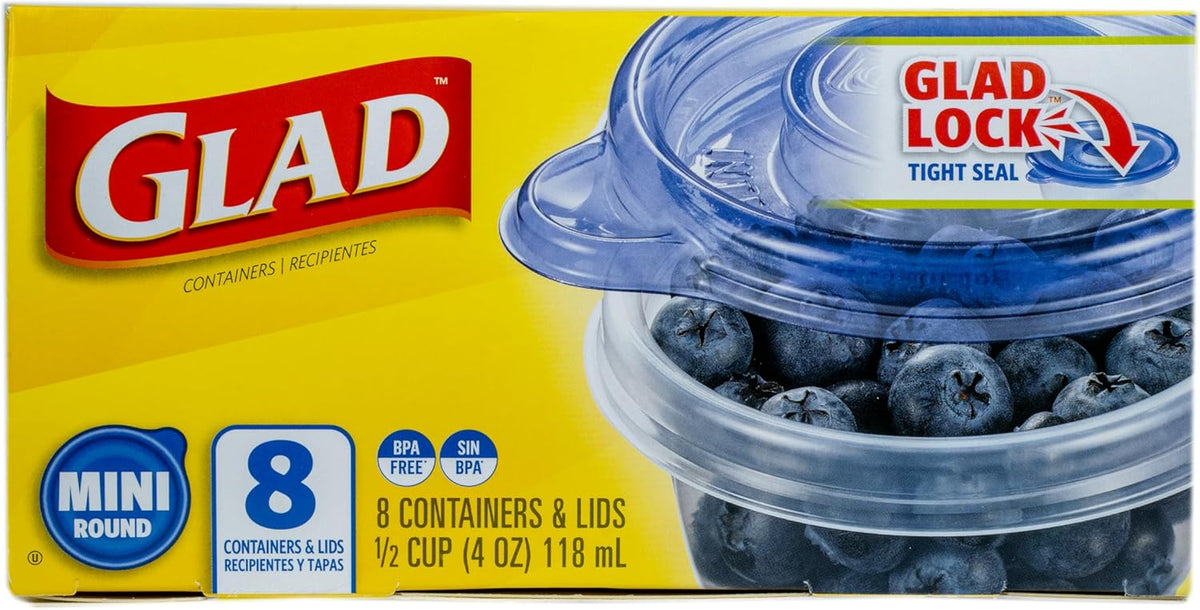 Glad GladWare Mini Round Food Storage Containers - Small Meal Container Holds up to 4 Ounces of Food - Lock Tight Seal, 8 Count