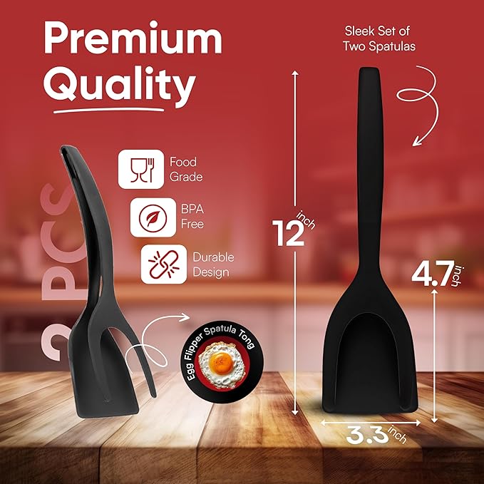 Egg Flipper Spatula Tongs (Set of 2) – Non-Stick 2-in-1 Grip & Flip Kitchen Tongs for Pancakes, Fish, Eggs, and More – Heat Resistant Cooking Tool (Black)