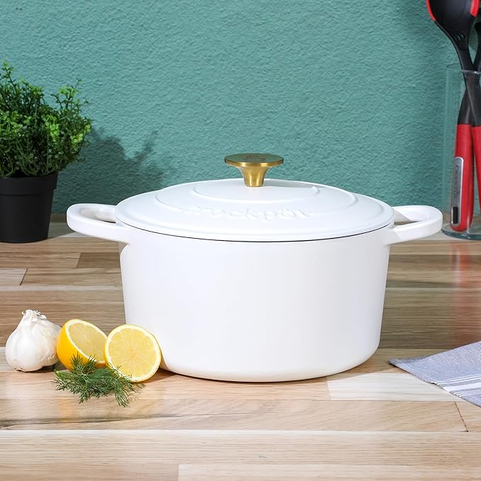 Crock-Pot Artisan 5-Quart Round Dutch Oven – Matte Linen White with Gold Knob, Enameled Cast Iron Cookware