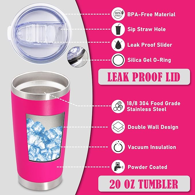 20 oz Tumbler Coffee Travel Tumblers Bulk with Lid Stainless Steel Double Wall Vacuum Insulated Mug Powder Coated Cups fit Car Cupholder for Hot and Cold - Hot Pink, 12Pack