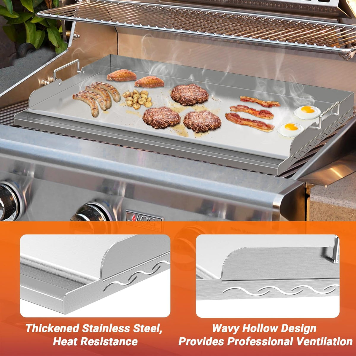 Skyflame 25"x16" Stainless Steel Griddle Plate for BBQ, Hibachi, Flat Top Grill with Even Heating, Grease Groove, Foldable Handles, Ideal for Charcoal/Gas Grills, Camping, Tailgating, Outdoor Cooking